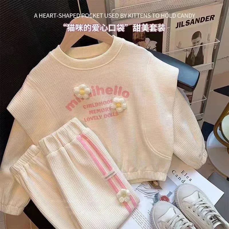 Children Clothing Sets Love Cat Print Tops and Pants Girls Kids Boutique Outfit in cream with pink and floral details