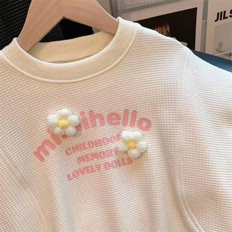 Children Clothing Sets Love Cat Print Tops and Pants Girls Kids Boutique Outfit cream textured top with flower details