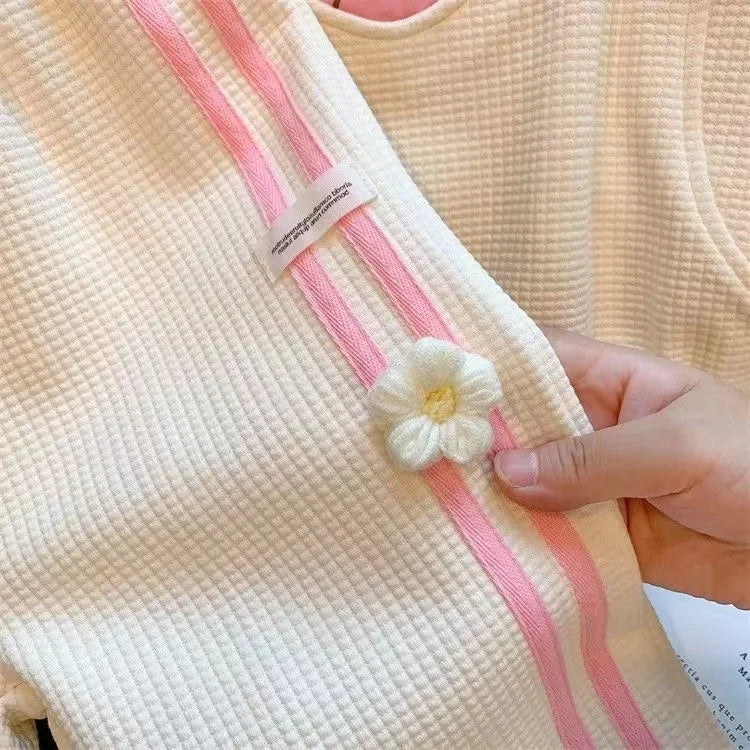 Yamza Tots' Closet Children Clothing Sets Love Cat Print Tops and Pants Girls Kids Boutique Outfit with textured fabric and pink stripe detail