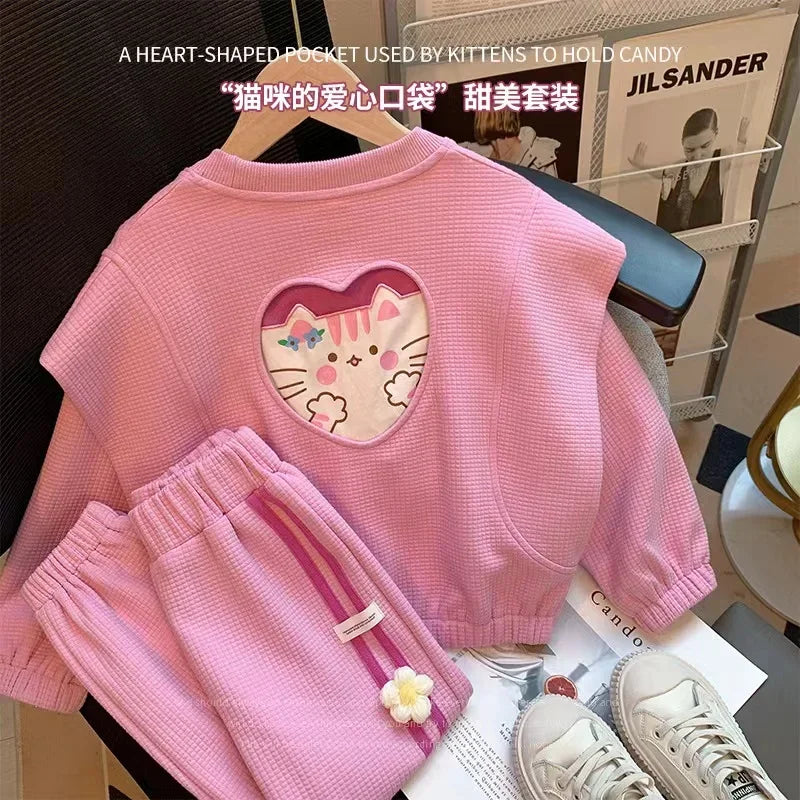 Children Clothing Sets Love Cat Print Tops and Pants Girls Kids Boutique Outfit in pink with heart-shaped cat pocket and matching pants