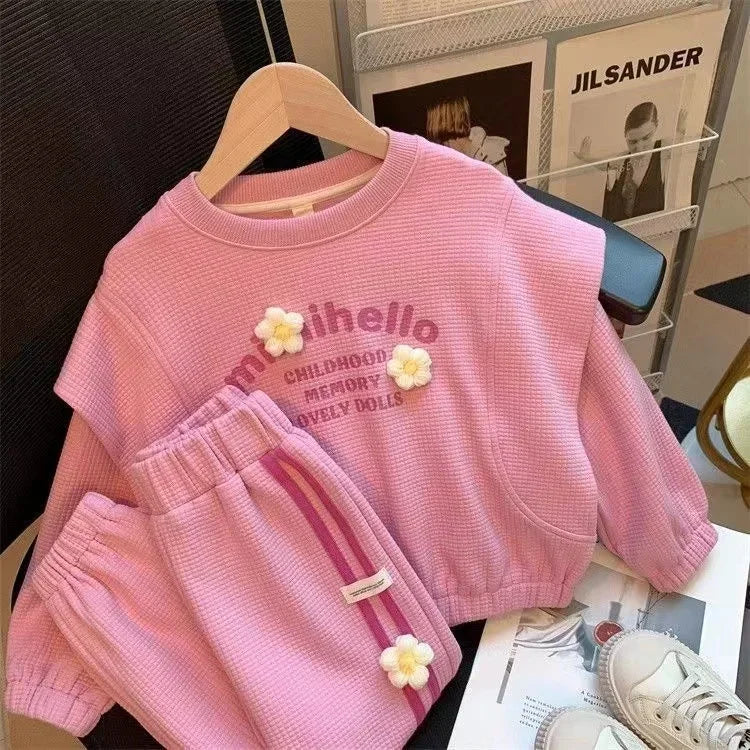Children Clothing Sets Love Cat Print Tops and Pants Girls Kids Boutique Outfit in pink with floral accents
