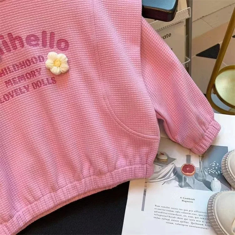 Children Clothing Sets Love Cat Print Tops and Pants Girls Kids Boutique Outfit pink textured long sleeve top with flower detail