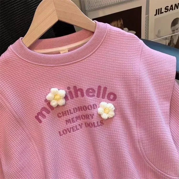 Children Clothing Sets Love Cat Print Tops and Pants Girls Kids Boutique Outfit with pink textured top featuring floral details
