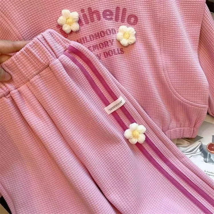Children Clothing Sets Love Cat Print Tops and Pants Girls Kids Boutique Outfit in pink waffle fabric with flower details