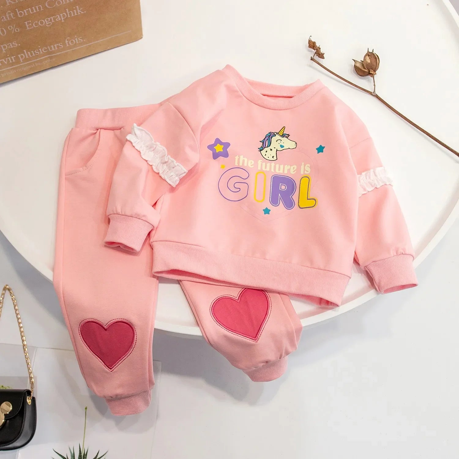 Children Clothing Sets Love Cat Print Tops and Pants Girls Kids Boutique Outfit in pink with unicorn and heart designs