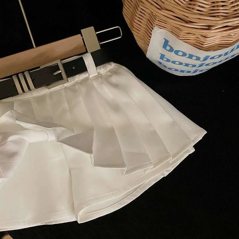 Children Clothing Sets Black Knitted Top and White Skirt Summer Outfit Kids Wear white pleated skirt with belt on hanger