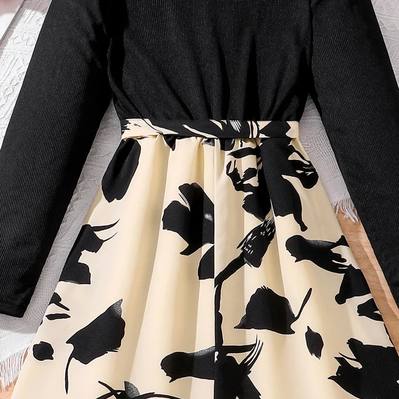 Children Fashion Dress Girls Black Long Sleeve Printed Elegant Party Dress with black top and cream skirt with black floral print