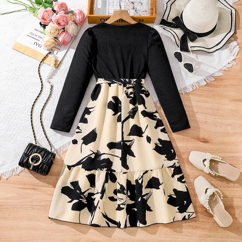 Children Fashion Dress Girls Black Long Sleeve Printed Elegant Party Dress laid flat with accessories