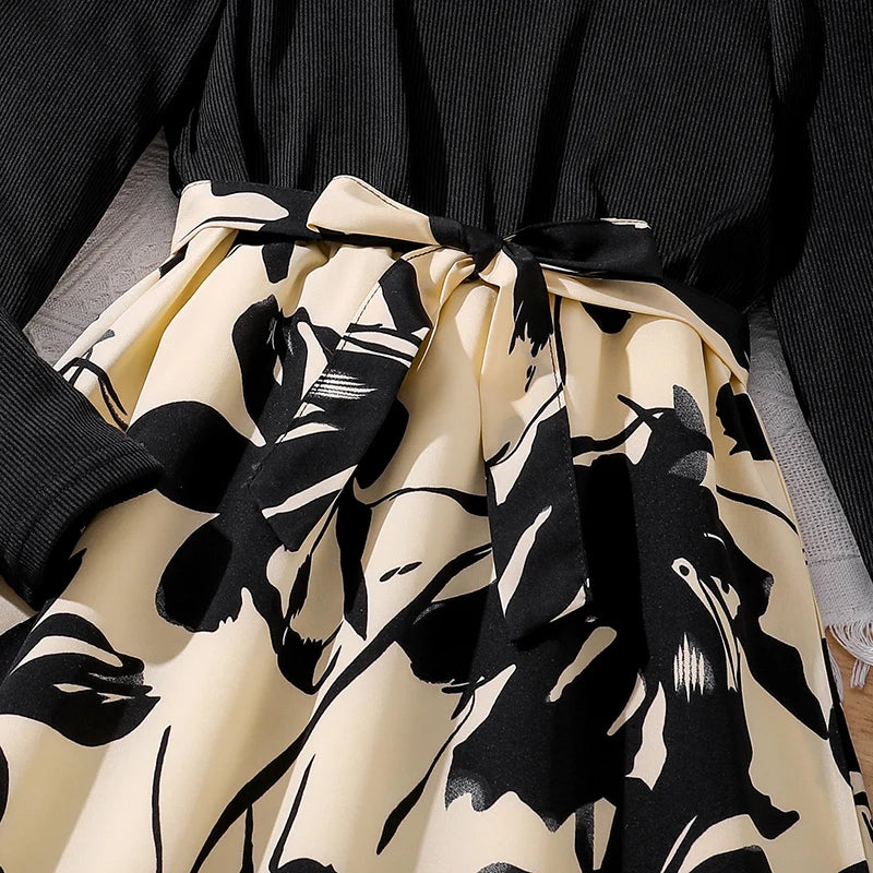Children Fashion Dress Girls Black Long Sleeve Printed Elegant Party Dress with floral design and waist bow