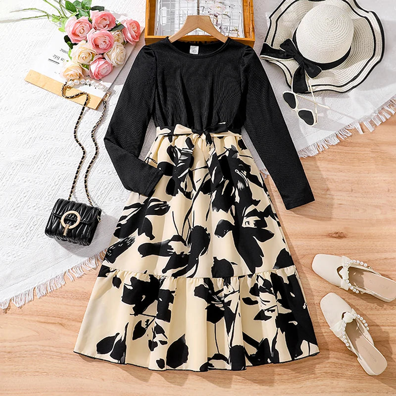 Children Fashion Dress Girls Black Long Sleeve Printed Elegant Party Dress with floral skirt and accessories
