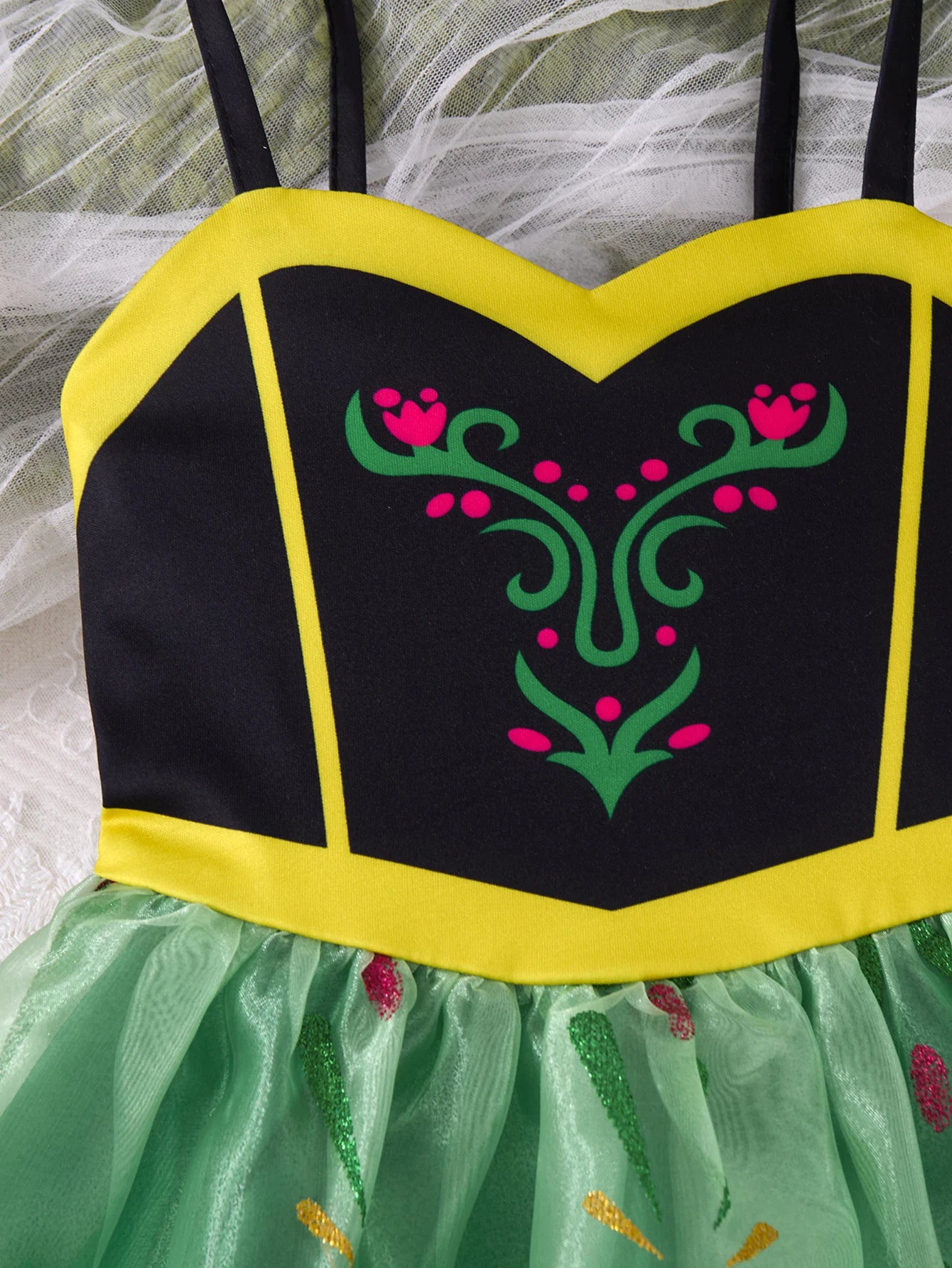 Children Fashion Dresses Barbi White Snow Moana Princess Dress Girls Casual Outfit closeup of black and yellow bodice with floral design and green tulle skirt