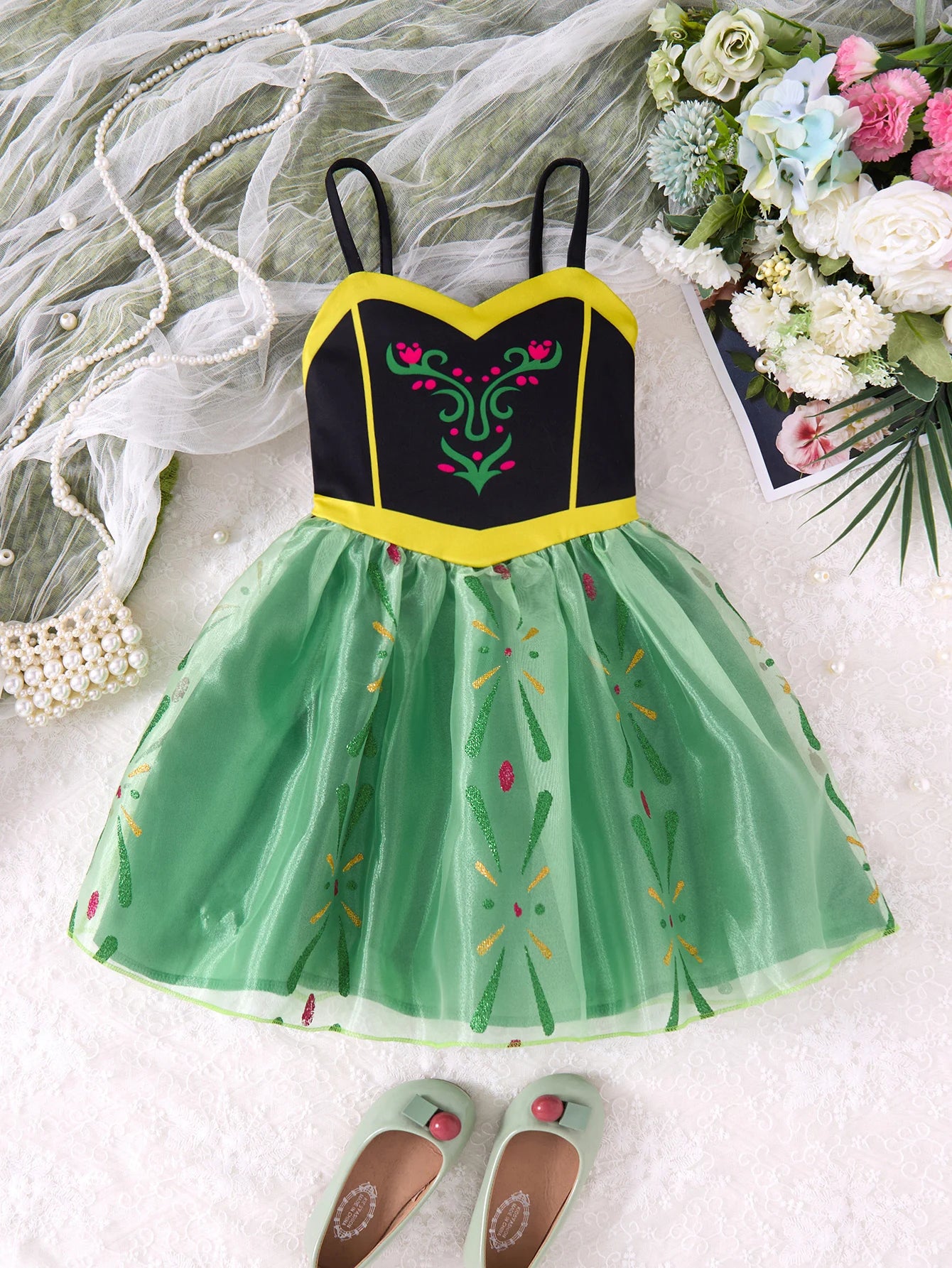Children Fashion Dresses Barbi White Snow Moana Princess Dress Girls Casual Outfit with black and yellow bodice and green floral skirt