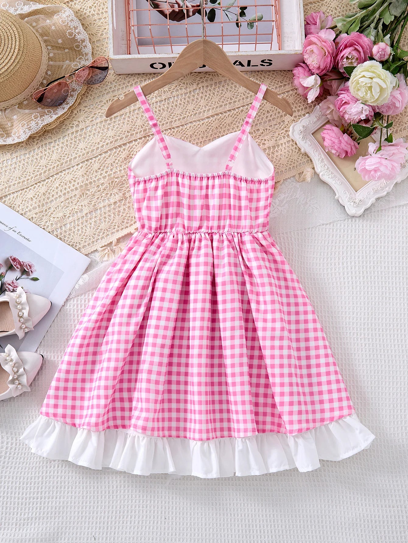 Children Fashion Dresses Barbi White Snow Moana Princess Dress Girls Casual Outfit pink checkered sleeveless dress with white frill hem