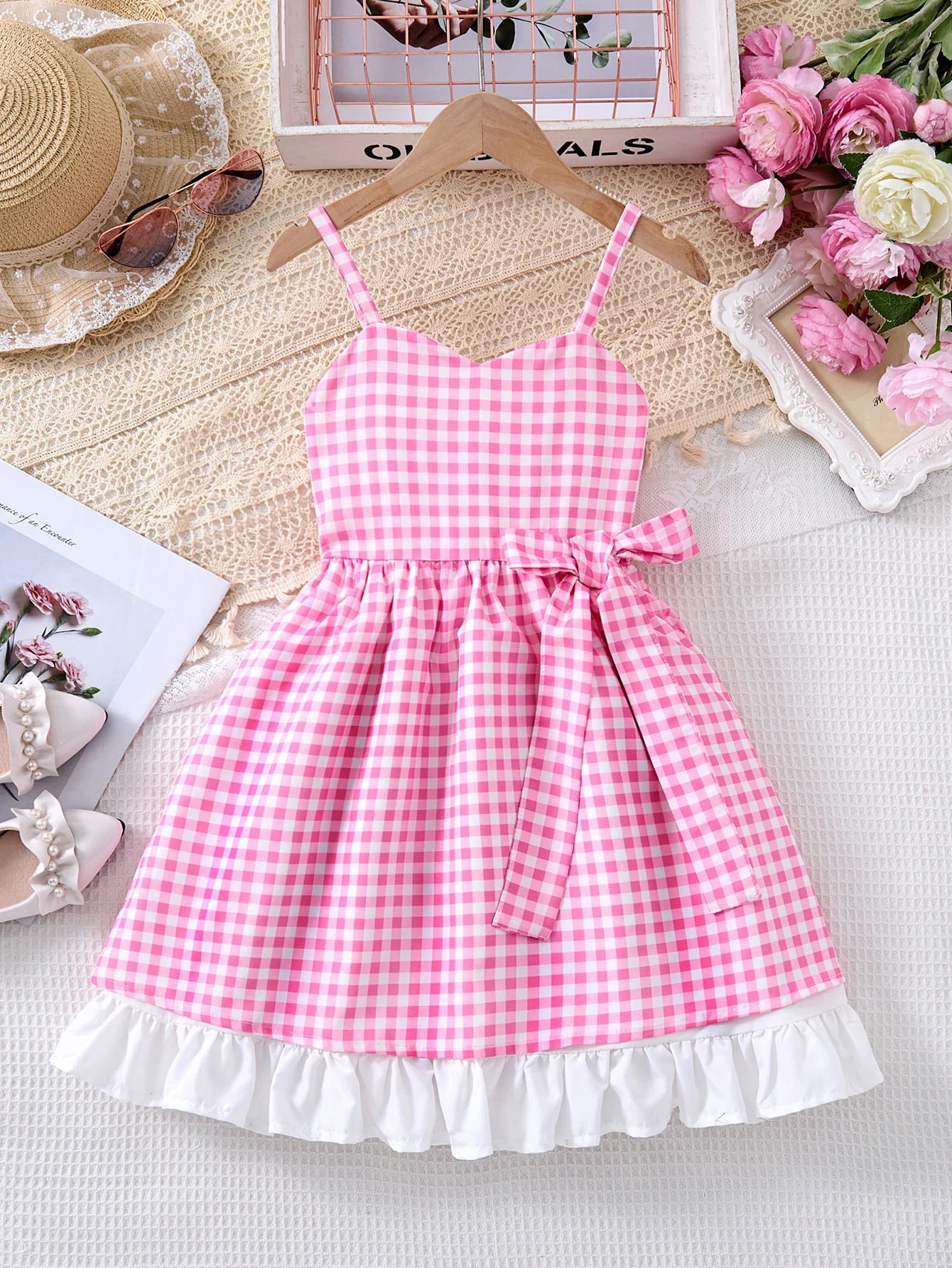 Children Fashion Dresses Barbi White Snow Moana Princess Dress Girls Casual Outfit pink checkered sleeveless dress with bow and ruffled hem