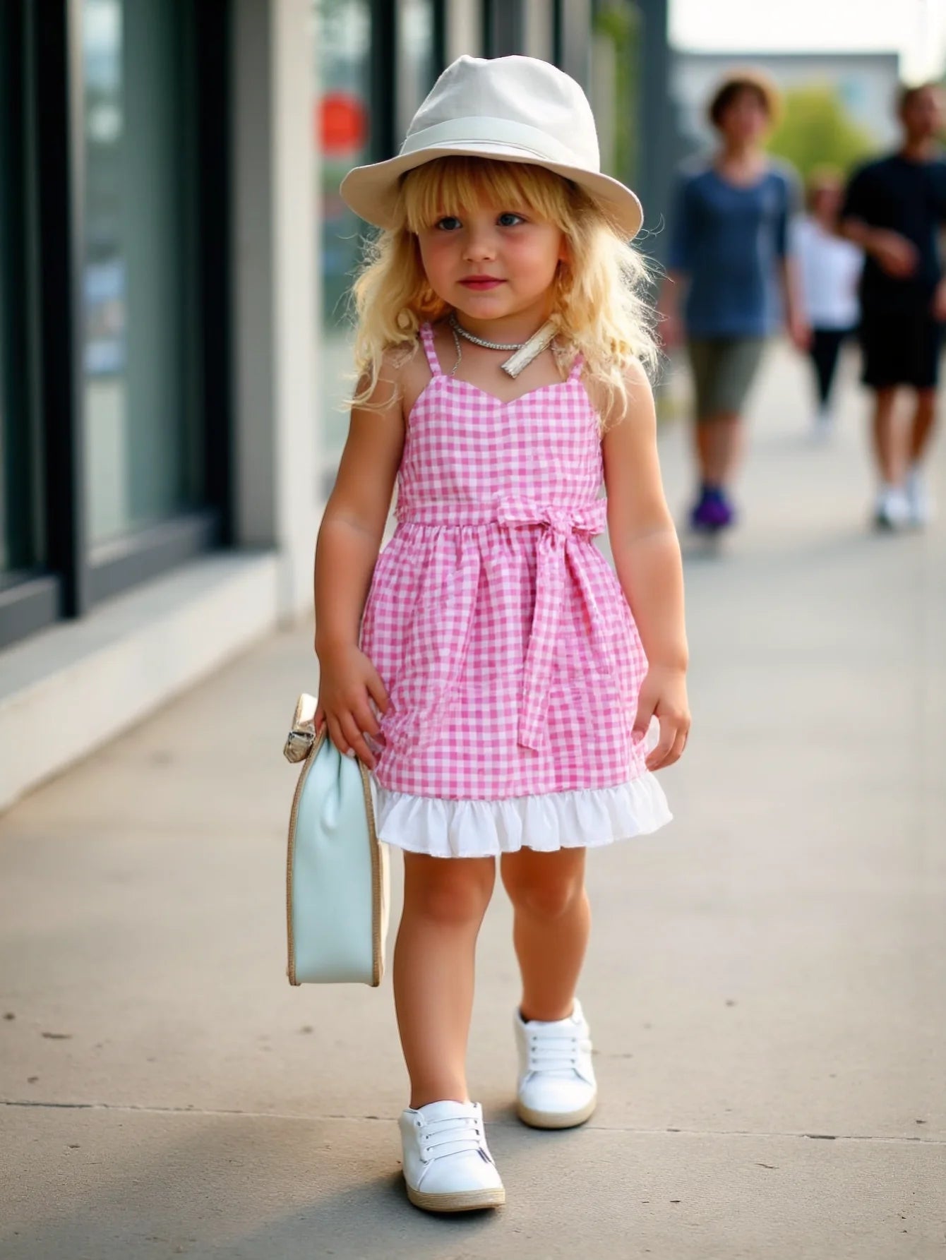 Children Fashion Dresses Barbi White Snow Moana Princess Dress Girls Casual Outfit pink checkered dress with white ruffle hem and white hat