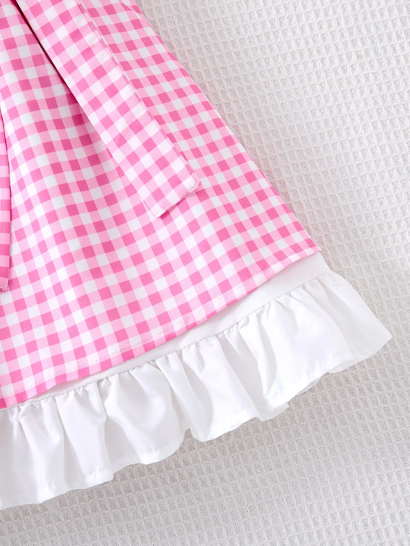 Children Fashion Dresses Barbi White Snow Moana Princess Dress Girls Casual Outfit pink checkered dress with white ruffle hem close up