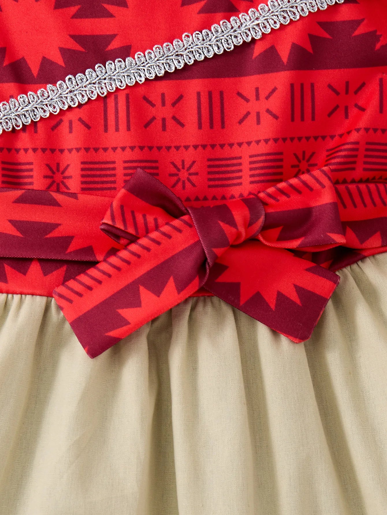 Children Fashion Dresses Barbi White Snow Moana Princess Dress Girls Casual Outfit with red patterned bow and beige skirt fabric