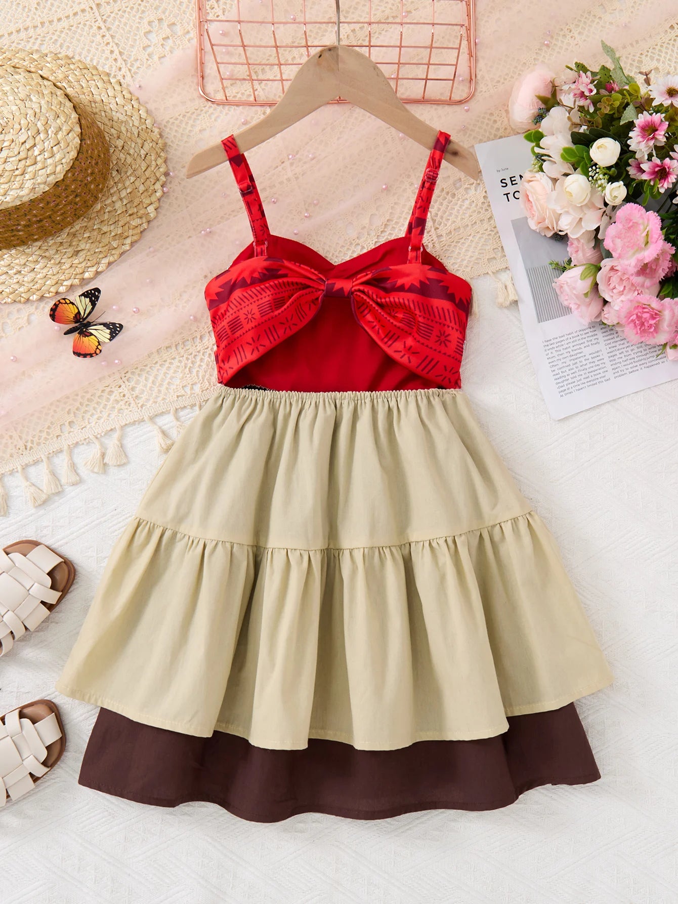 Children Fashion Dresses Barbi White Snow Moana Princess Dress Girls Casual Outfit with red top and layered beige and brown skirt