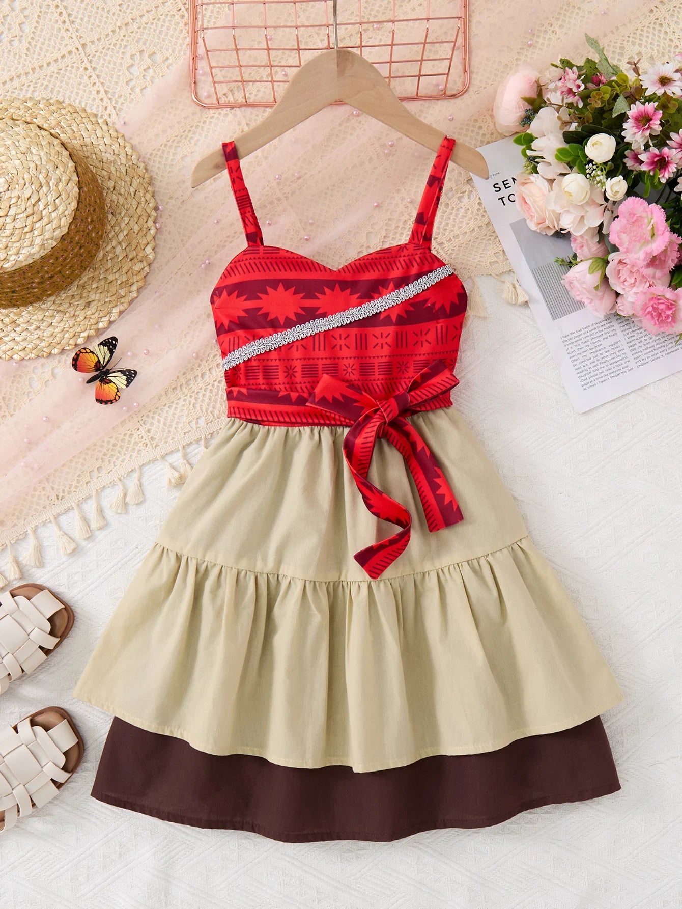 Children Fashion Dresses Barbi White Snow Moana Princess Dress Girls Casual Outfit with red patterned top and layered beige skirt