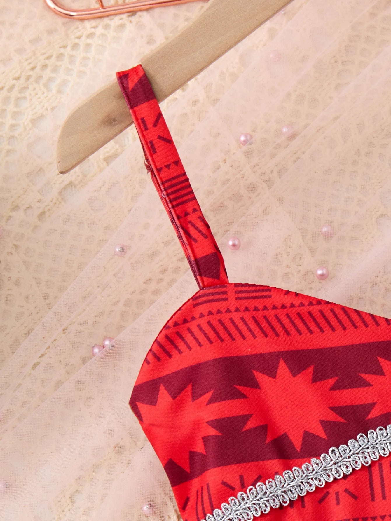 Children Fashion Dresses Barbi White Snow Moana Princess Dress Girls Casual Outfit red strap close up with patterned fabric