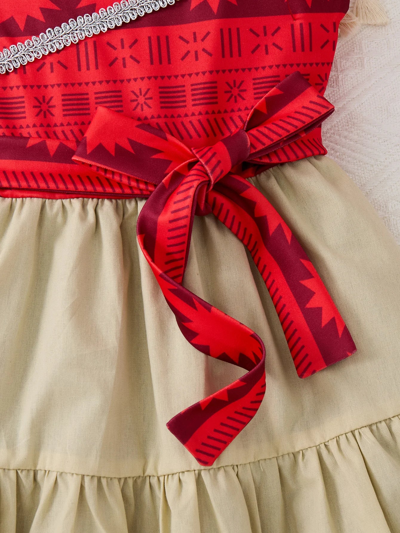 Children Fashion Dresses Barbi White Snow Moana Princess Dress Girls Casual Outfit with red patterned bow and beige skirt