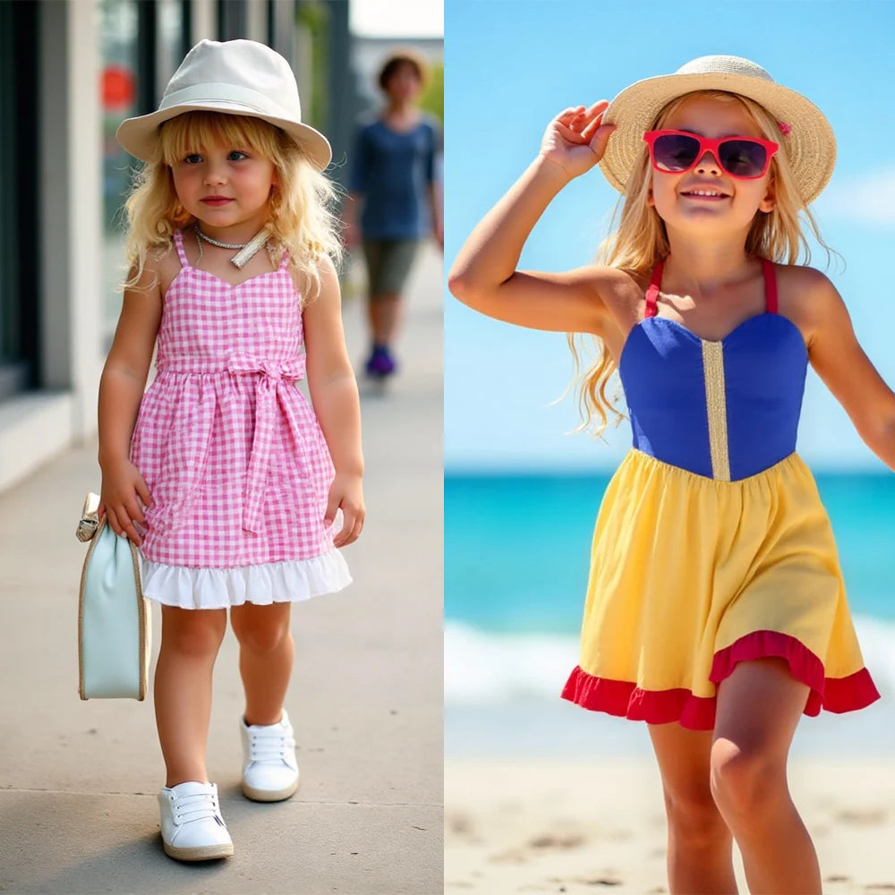 Children Fashion Dresses Barbi White Snow Moana Princess Dress Girls Casual Outfit worn by two girls in different styles and settings