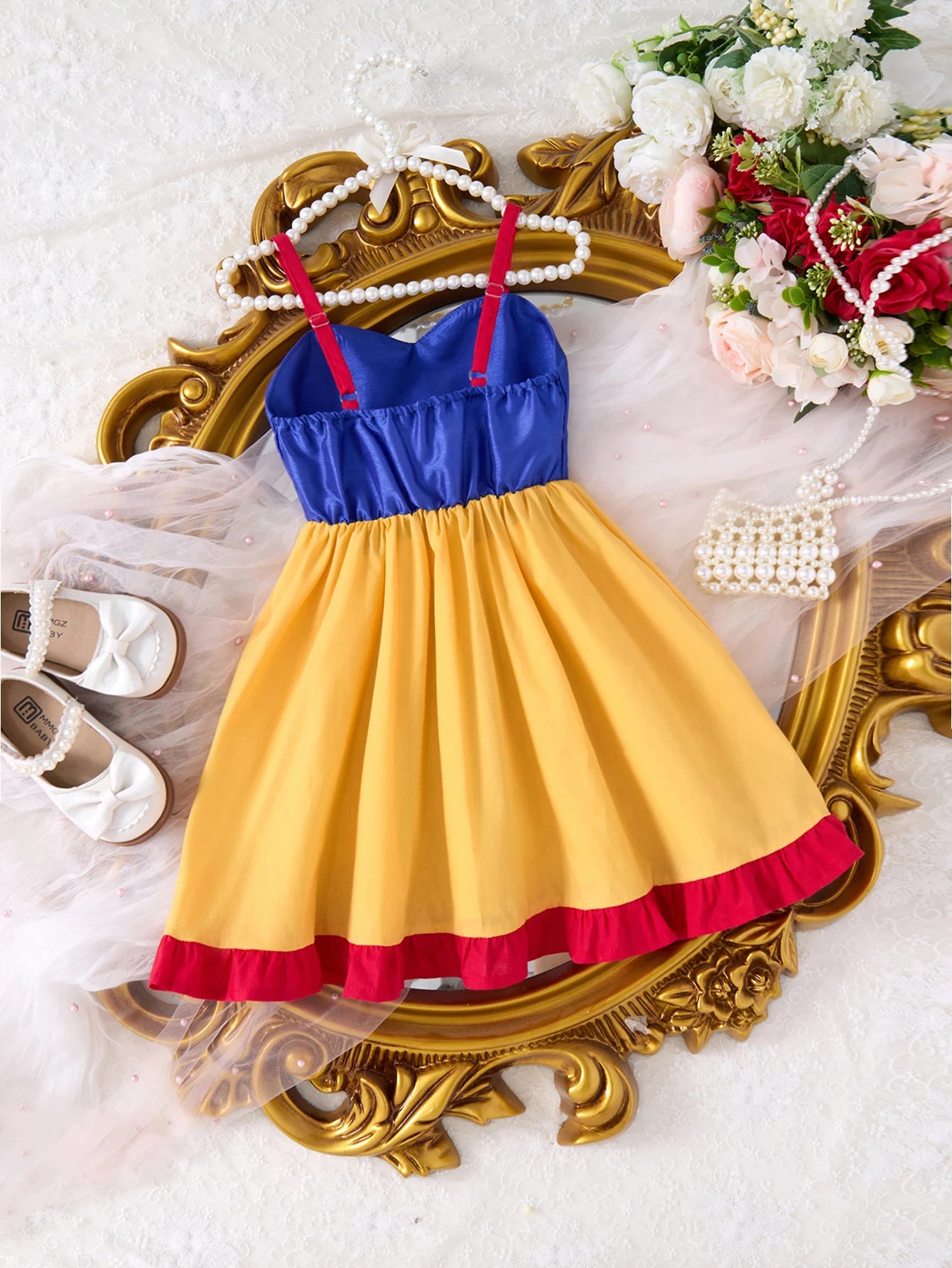 Children Fashion Dresses Barbi White Snow Moana Princess Dress Girls Casual Outfit with blue top and yellow skirt on decorative background
