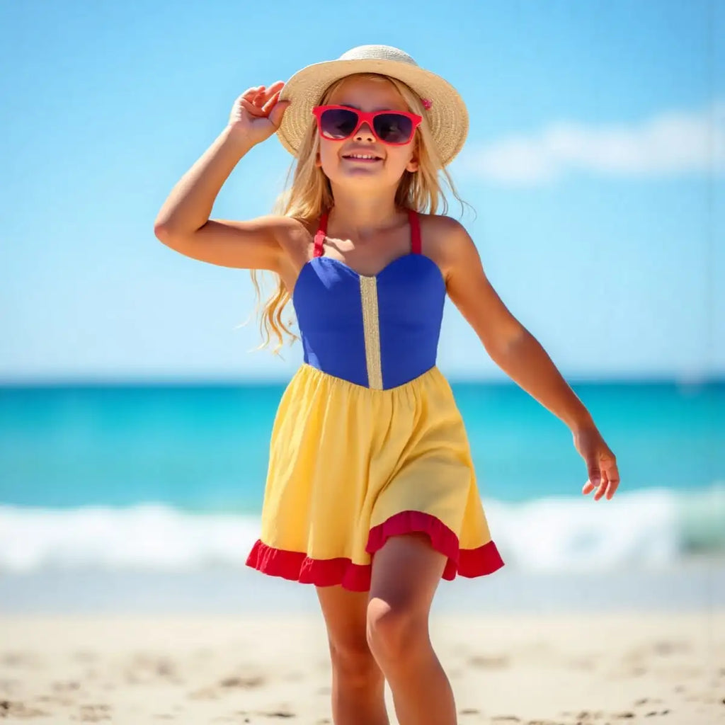 Children Fashion Dresses Barbi White Snow Moana Princess Dress Girls Casual Outfit worn by girl on beach in sunhat and sunglasses