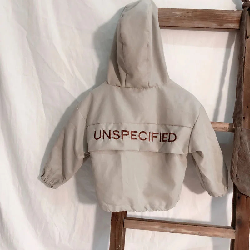 Children Fashion Hoodies Korean Style Autumn Spring Long Sleeve Kids Hooded Coat in beige color hanging on wooden ladder
