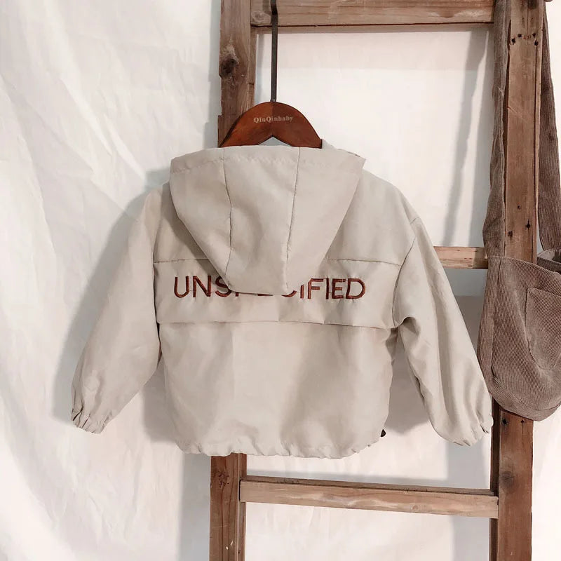 Children Fashion Hoodies Korean Style Autumn Spring Long Sleeve Kids Hooded Coat in light beige with back print hanging on wooden ladder