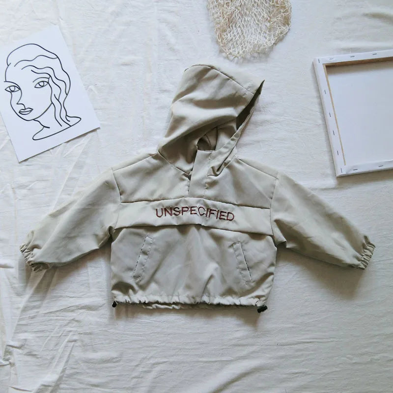 Children Fashion Hoodies Korean Style Autumn Spring Long Sleeve Kids Hooded Coat in beige laid flat with artwork background
