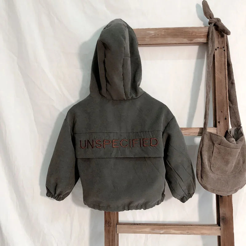Children Fashion Hoodies Korean Style Autumn Spring Long Sleeve Kids Hooded Coat in dark gray with elastic cuffs hanging on wooden ladder
