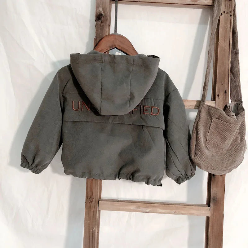 Children Fashion Hoodies Korean Style Autumn Spring Long Sleeve Kids Hooded Coat in olive green hanging on wooden rack