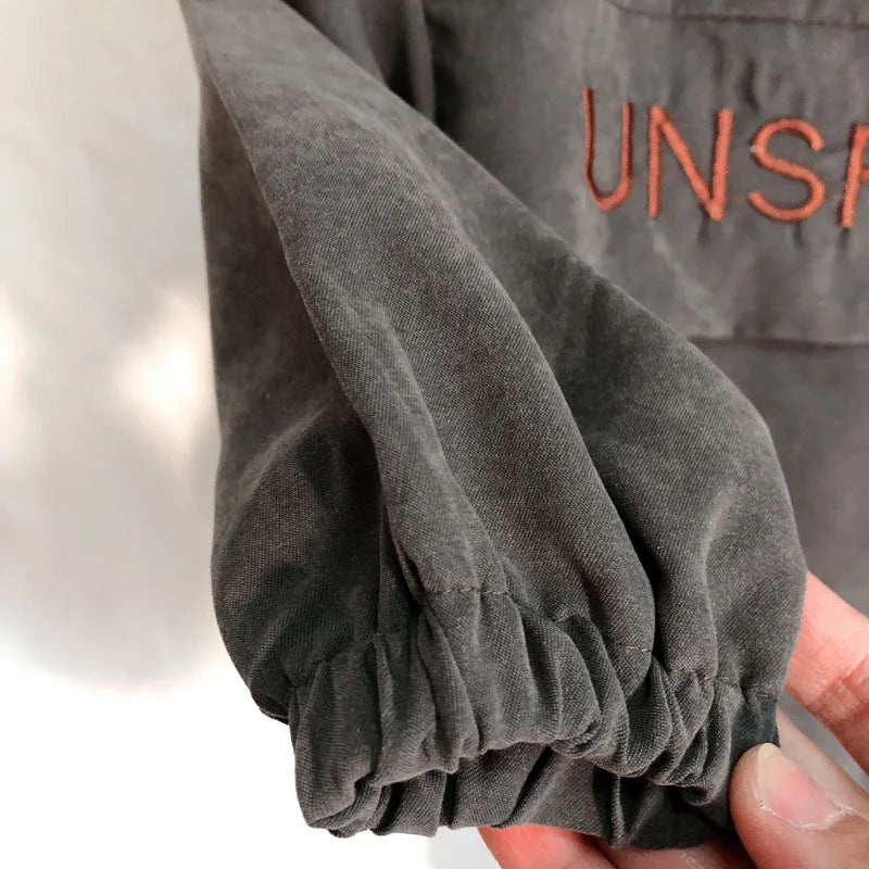Close-up of dark gray Children Fashion Hoodies Korean Style Autumn Spring Long Sleeve Kids Hooded Coat sleeve with elastic cuff