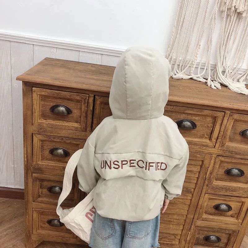 Children Fashion Hoodies Korean Style Autumn Spring Long Sleeve Kids Hooded Coat in beige worn by child facing away