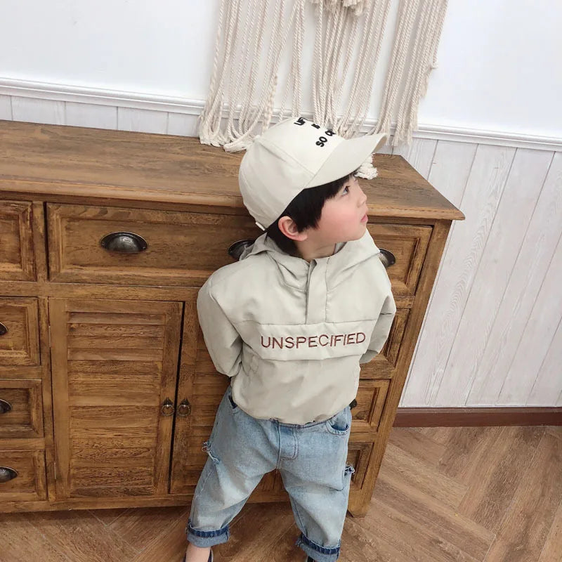 Child wearing Children Fashion Hoodies Korean Style Autumn Spring Long Sleeve Kids Hooded Coat in beige with cap