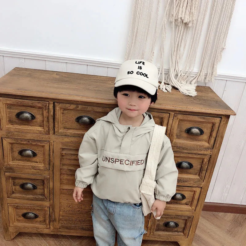 Child wearing Children Fashion Hoodies Korean Style Autumn Spring Long Sleeve Kids Hooded Coat in beige with cap and denim pants