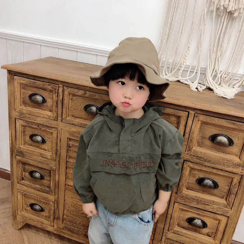 Toddler wearing green Children Fashion Hoodies Korean Style Autumn Spring Long Sleeve Kids Hooded Coat with beige hat indoors