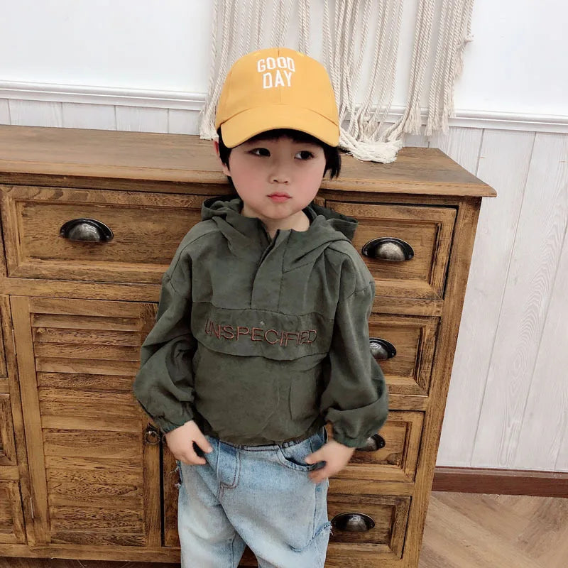 Child wearing Children Fashion Hoodies Korean Style Autumn Spring Long Sleeve Kids Hooded Coat in olive green