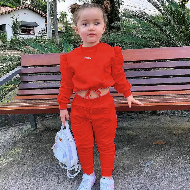 Children girls clothes set autumn long sleeve crop tops and casual pants outfit in bright red worn by toddler girl