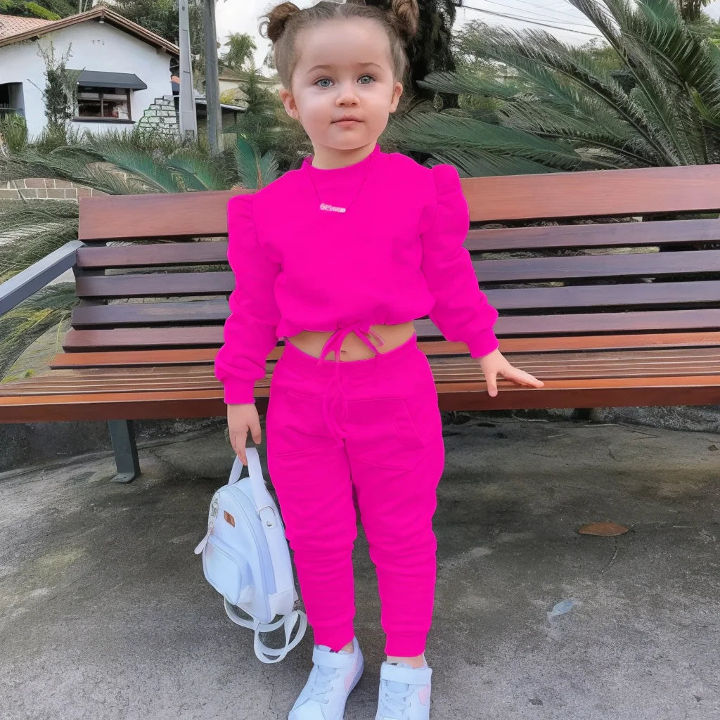 Children Girls Clothes Set Autumn Long Sleeve Crop Tops and Casual Pants Outfit in bright pink worn by toddler