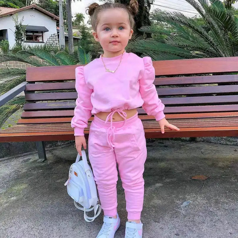 Children girls clothes set autumn long sleeve crop tops and casual pants outfit in pink worn by toddler outdoors