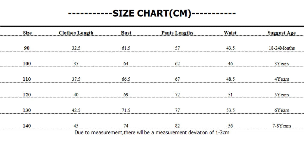 Yamza Tots Closet size chart for children girls clothes set autumn long sleeve crop tops and casual pants outfit