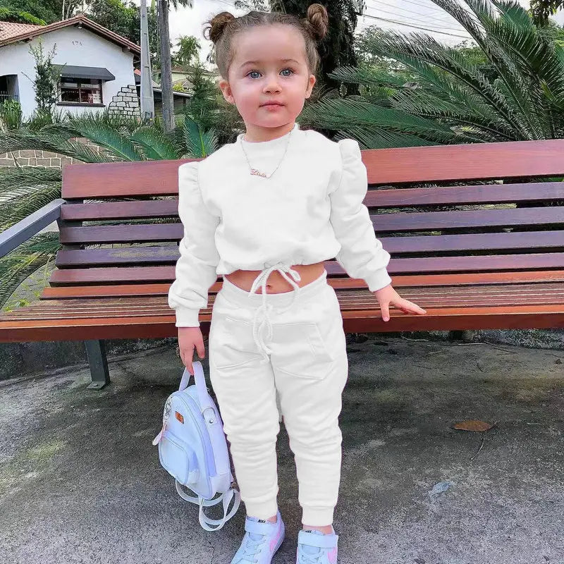 Children Girls Clothes Set Autumn Long Sleeve Crop Tops and Casual Pants Outfit worn by toddler girl standing near bench