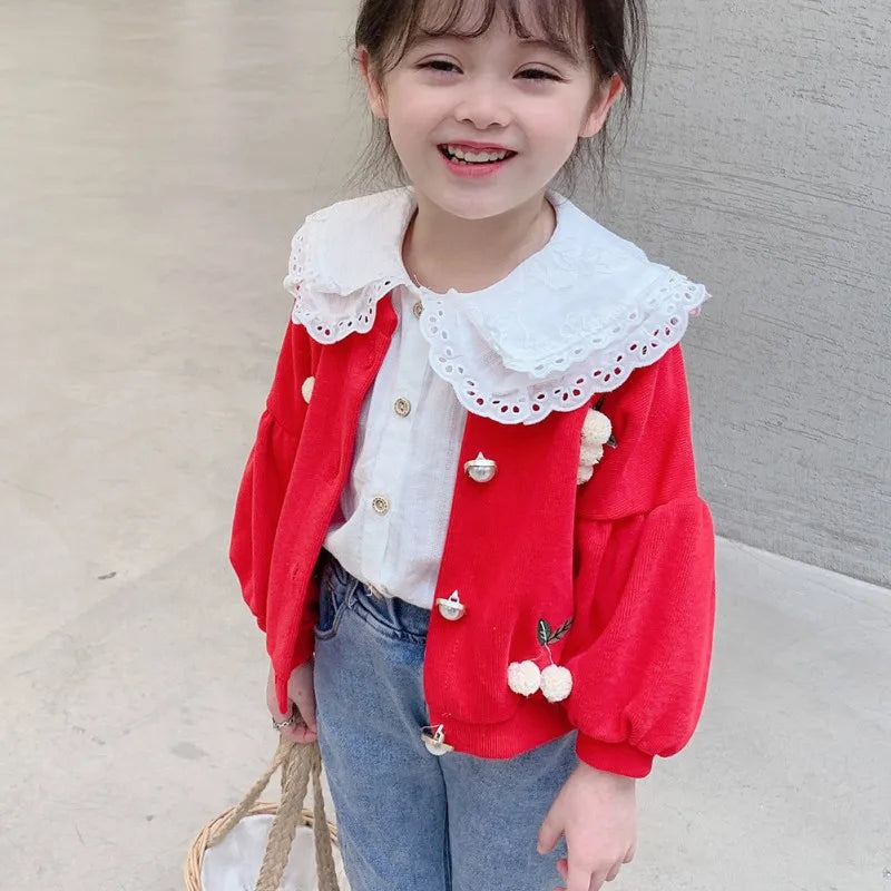 Children girls fashion T-shirts lapel blouse breathable top with flared sleeves in white worn under red cardigan