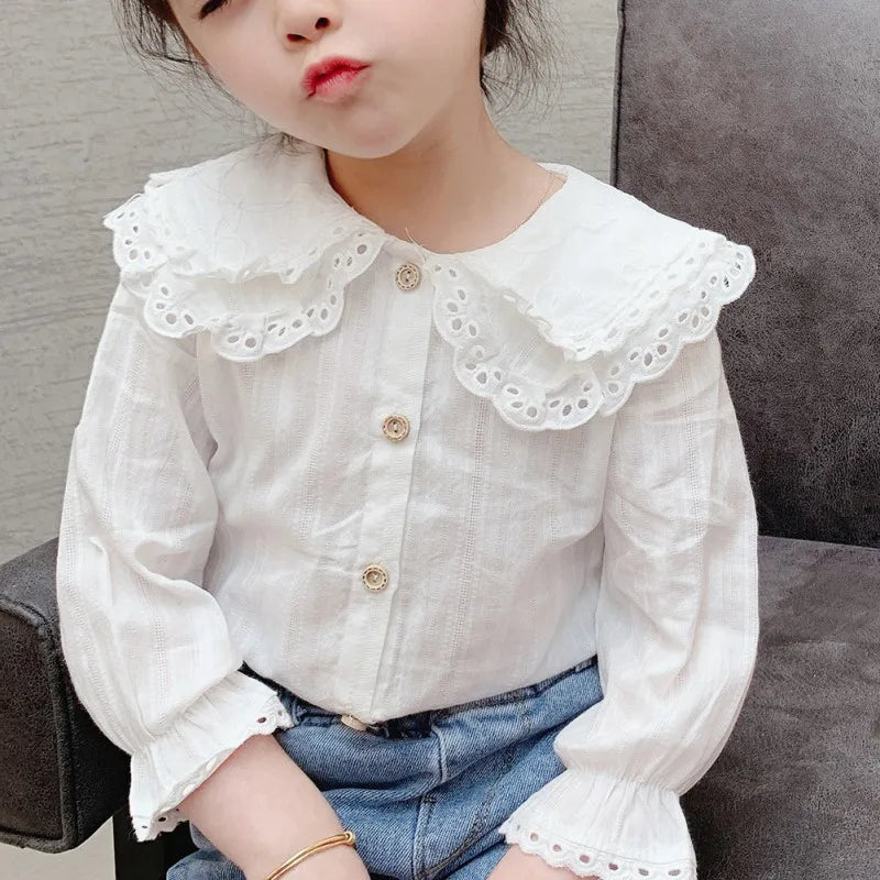 Children Girls Fashion T-shirts Lapel Blouse Breathable Top with Flared Sleeves in white with decorative buttons and lace collar