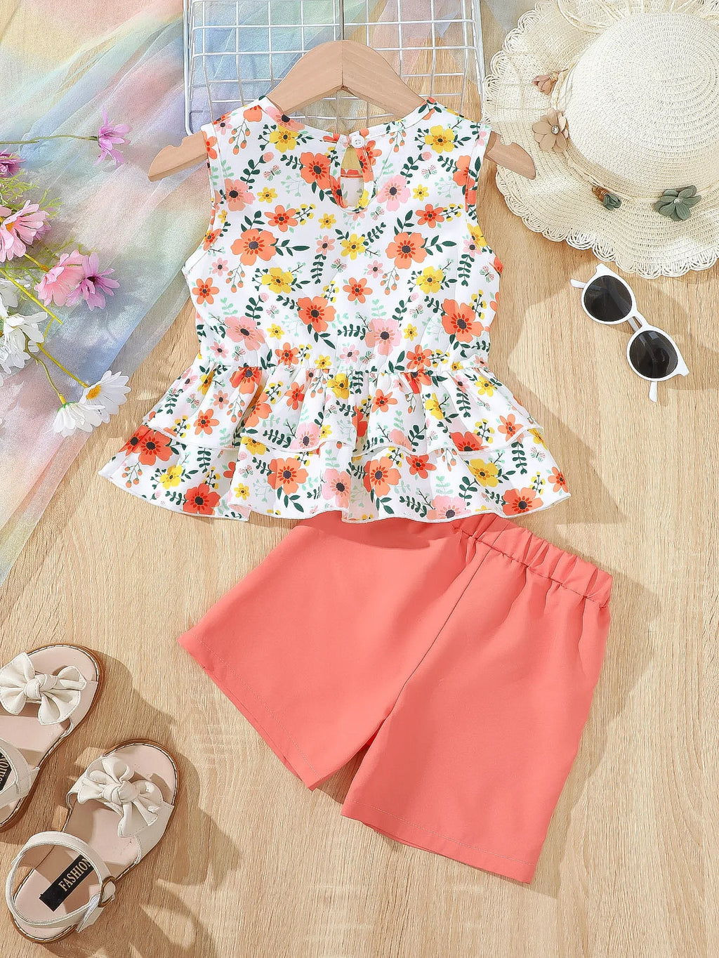 Children Girls Summer Set Round Neck Floral Bow Sleeveless Top and Shorts 2Pc with pink shorts and floral print top