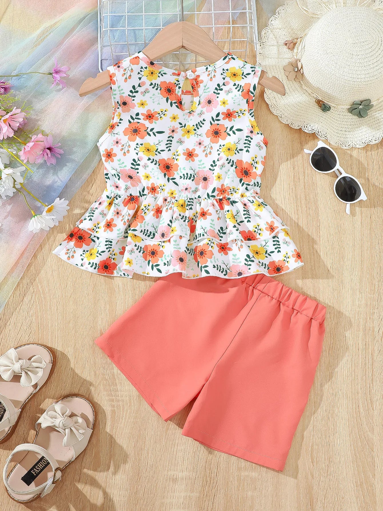 Children Girls Summer Set Round Neck Floral Bow Sleeveless Top and Shorts 2Pc with pink shorts and floral print top