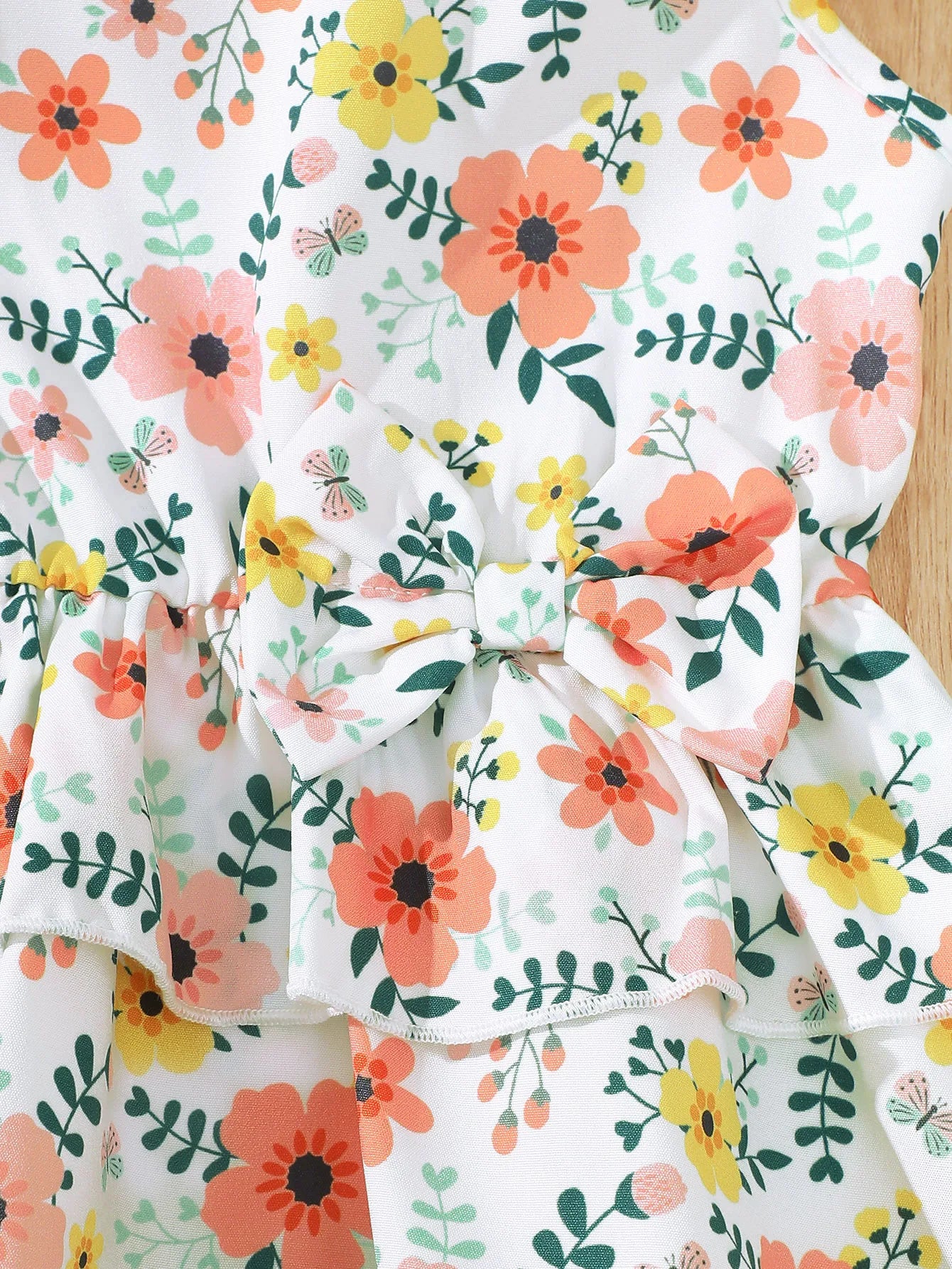 Children Girls Summer Set Round Neck Floral Bow Sleeveless Top and Shorts 2Pc with orange and yellow flowers