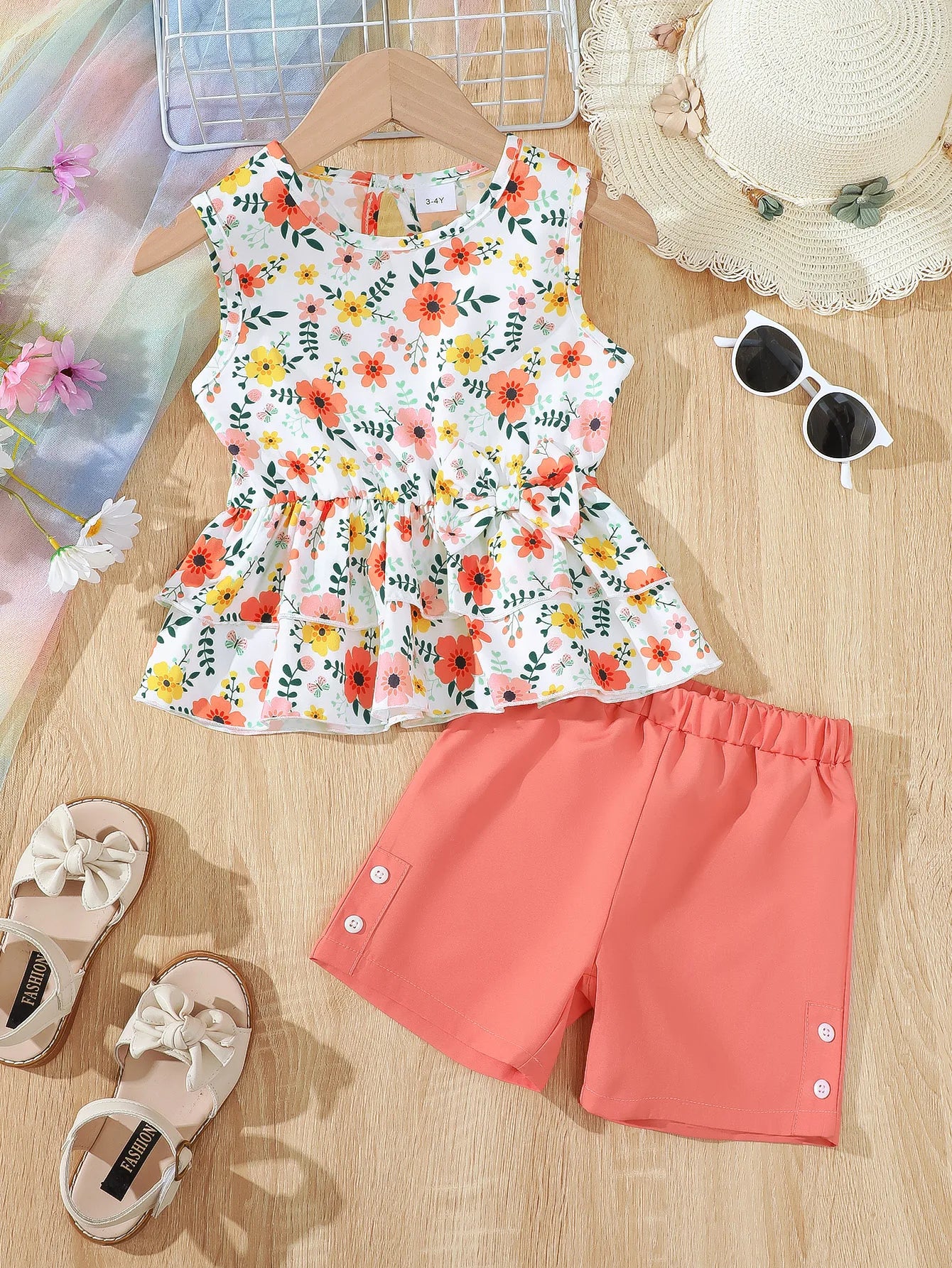 Children Girls Summer Set Round Neck Floral Bow Sleeveless Top and Shorts 2Pc with coral shorts and floral top 